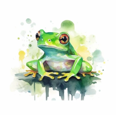 Watercolor glass frog in rainforest clipart, for childish cards, illustration style, on white background, detailed, hd