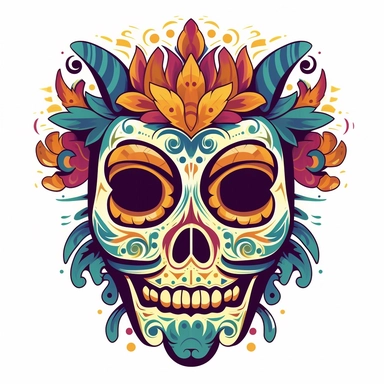 isolated flat clipart on a white background of a spooky day of dead themed voodoo mask tshirt design graphic, in the style of daniel f. gerhartz, transcendent, nikon d850, art of burma, captures the essence of nature, in the style of organic forms and patterns, expansive skies, hyper-detailed illustrations, i can't believe how beautiful this is, lively colors