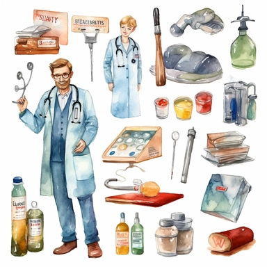 watercolor doctor related scenes , illustrations clipart set, simple, , cartoon elements ,different variants , glucometer, insulin syringe, nurse, doctor, stethtescope, mechanical body weighing scale, tweezers, microscope, ambulance, , separate elements with a margin