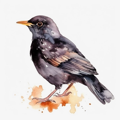 Watercolor blackbird clipart, white isolated background, space out, hd