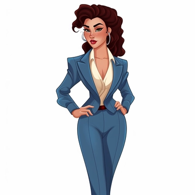 full body perspective 2d disney clipart illustration of a pretty business woman, thick-outlined, white background