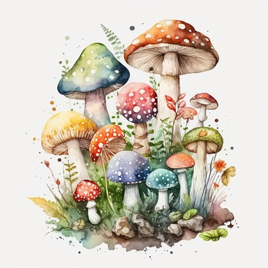 large, Watercolor graphic, Mushrooms Clipart - cute forest nature toadstool clip art, white background, landscape, clump of mushrooms, moss, woodlands