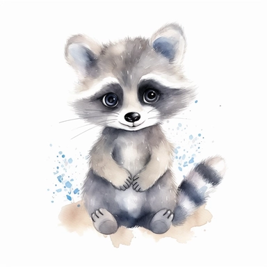 an adorable baby raccoon with kind eyes clipart with watercolor illustration,full body shot,8k,etsy style, white background