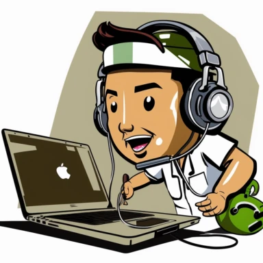 a comical clipart version of a male nurse who is of Filipino descent who has a comically large headset that dominates the image who is working at a macbook and is safe for work