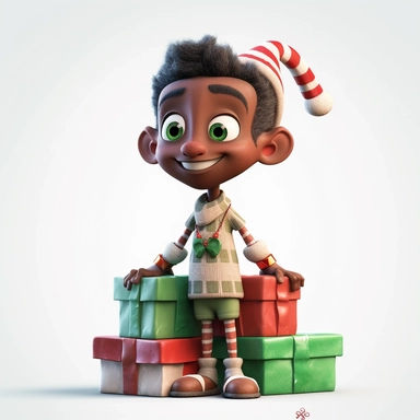clipart of a crazy dark skinned christmas elf standing on a christmas present, there is a funny face on it, cartoon, for kids, funny, pixar, 8k, white background, sharp focus, detailed,