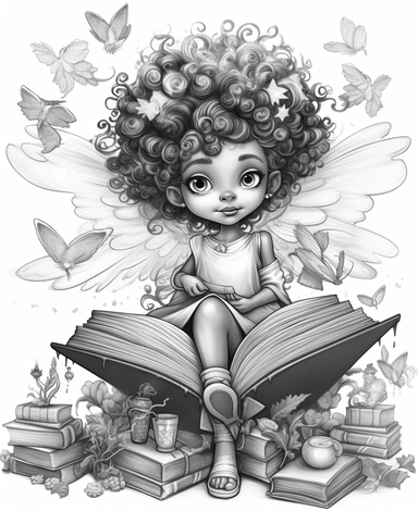 bi-racial Bookworm fairy, with wings, and curly hair, sitting on a giant open book with cute characters and magical stories, Kawaii for a childrens book, cartoon style, thick lines, black and white, no shading, line drawing illustration, no kid faces, no duplicate faces, blurry, drawing, cartoon, illustration, painting, concept art, cgi, unreal, anime, black&white, b&w, picture frame, deformed, bad anatomy, disfigured, poorly drawn face, mutation, mutated, extra limb, poorly drawn hands, done by