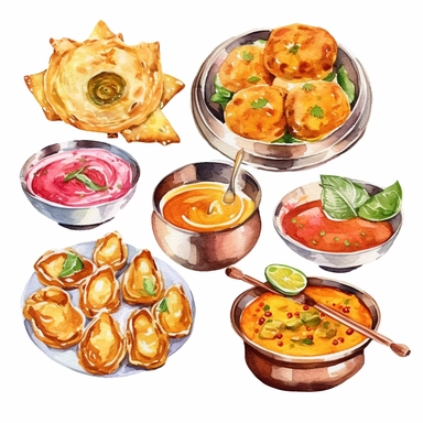 watercolor clipart illustration on a white background of Indian Cuisine: Depictions of traditional Indian wedding foods, such as biryani, samosas, or sweets like jalebis.