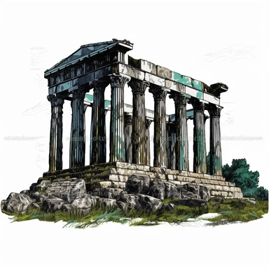clipart, Temple of Zeus in Athens, ancient Greek style, black, blue, green colours, white background