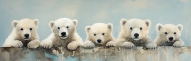 a row of cute miniature polar bear cubs, a collage of mixed media art made with tissue paper, magazine and newspaper clippings, oil paint, graphite pencil lines and fabric, in the style of playful surrealism, whimsical, washi tape