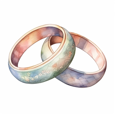 Generate a pastel watercolor clip art image of a pair of pastel-colored wedding bands with delicate watercolor patterns, with a transparent background.