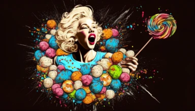 Marilyn Monroe made of cappuccino, milk, honey and chocolate, licking a magic lollipop, her skirt blowing in the wind, vibrant colors, Pixar style, black background, clipart, intricate details,--v5