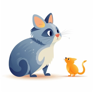 The cat is standing nearby the small gray mouse, children storybook illustration. 2d, vibrant luminous colors, flat style, ink Lines, clipart, white empty background, sharp, high resolution, blue orange warm
