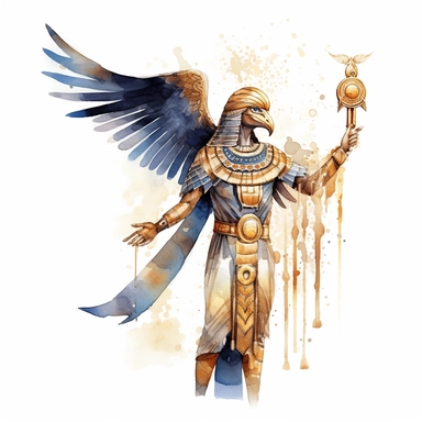 God figure with falcon headed from Ancient Egypt with watercolor effect,Sun,suitable for digital clipart,white background,ancient Egypt scene,gold details