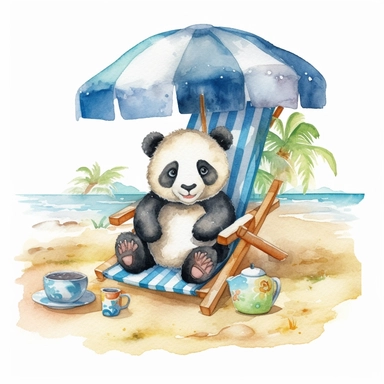 Create a watercolor illustration clipart of a playful cute Baby Panda Sunbathing on the beach, with its full body visible. Use soft, flowing brushstrokes and a warm, inviting color palette to create an image that is both charming and whimsical. Incorporate intricate details like the motion of Baby Panda Sunbathing on the beach to create a lifelike, realistic image. Can add other elements to the illustration like related item to play to create playful scene. Use white background to allow the wate