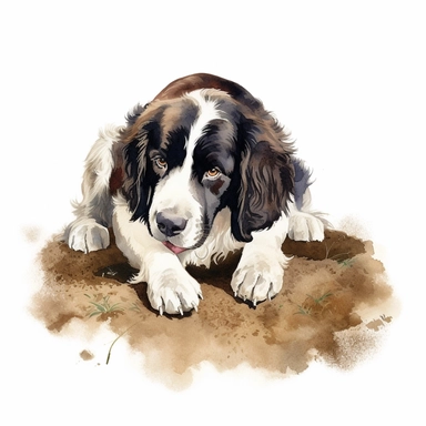 Landseer, digging in the dirt, cartoon, Clipart, white background, no text, no caption