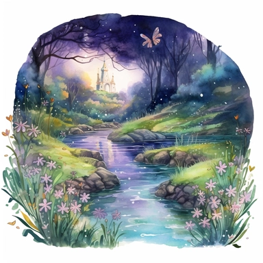 cartoon fairy glen by the River, grass and flowers line the sides if the river, glowing lights and sparkles, colors of green purple gold and blue, glamorous realistic and detailed, watercolor, white background with margins, clipart style