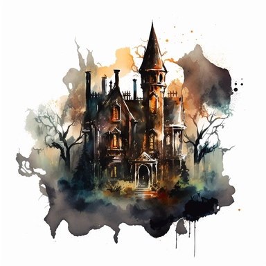 isolated clipart image of a spooky gothic house with intricate architectural details, twisted spires, and looming shadows, each house unique in its design, showcasing different elements like pointed windows, wrought-iron gates, and weathered stone walls, surrounded by a foggy atmosphere that adds a sense of mystery and intrigue, watercolor painting, delicate brushstrokes capturing the eerie charm, ethereal washes of color capturing the magical atmosphere