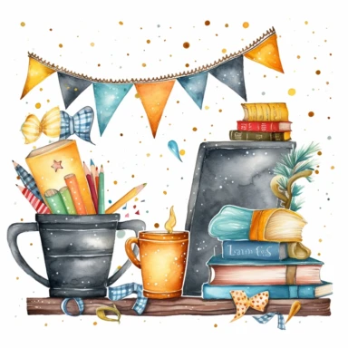 Whimsical watercolor clipart, back to school banner, set of graphics, including black board, stack of books, stationery items in a rusty cup, paint, notebook, bunting, stars and dots, white background