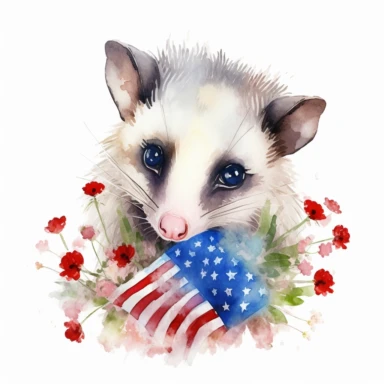 clipart on a white background of a cute watercolor opossum with large eyes wearing a red white and blue daisies and holding an american flag