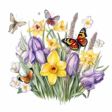 watercolor, spring flower, clipart, leaves, floral, dafodil, tulip, crocus, primrose, clipart, highly detailed, white backround, singular designs, bouquet, bees, butterfly