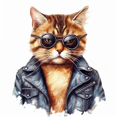hyper-realistic watercolor Whiskers Through Time- Royal attire: Rockstar outfit: Give the cat a cool and edgy look by dressing them in a leather jacket, sunglasses, and a bandana, portraying them as a rockstar. cat should be keeping a music instrument. Cats in History Clipart, watercolor background for sublimination, high resolution