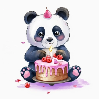cute cartoon panda with birthday cake illustration clipart, detailed, outline, white background, 4k, digital art, watercolor
