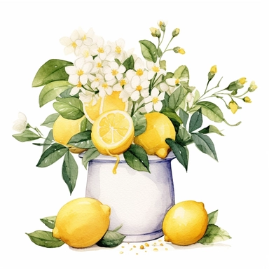 Commercial shot of realistic watercolor painting of a really cute cottagecore lemon themed flower vase clipart, aesthetic, good looking food, delicious, yummy, foodie, healthy, white background no text, isolated on white, watercolor illustration, award winning, strong and sharp lines