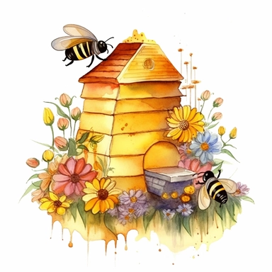 bee, hive, house, flower, honey, honeycomb, watercolor, clipart