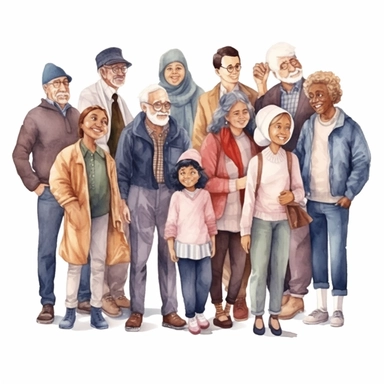 watercolor, Group of friendly diverse people standing together Men and women of various ages posing isolated on white. Happy old and young generations of characters. Social diversity png Full body realistic cartoon in 32K UHD cute. 15 cm thick outline. Black color. There was no shadow on the ground. 8k with realistic watercolors and detailed illustrations. PNG clipart, transparent white background
