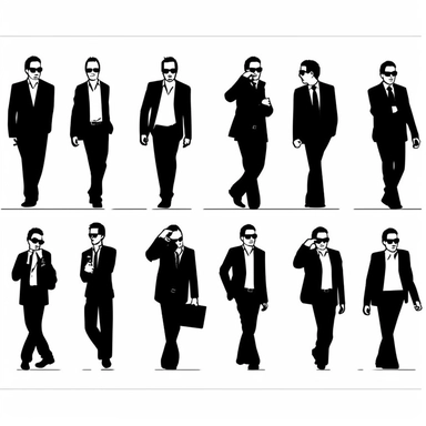 a set of postmodern black line clipart inspired by Reservoir Dogs and Pulp Fiction