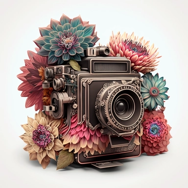 a watercolor vintage photo camera, profil view, surrounded by an intricate arrangement of dramatic extravagant ultra realistic digital multicolor 3D happy giant dahlias, in the style of large-scale photography, lush detailing, watercolor style, rich colors, sacred geometry, origamy, kaleidoscope, photorealistic, playfully intricate, made of flowers, bloomcore, 8K, clipart, clear background