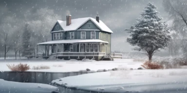 clipart of a beautiful winter scene of a house with a large level yard, in a snowstorm, by a frozen pond, deep snow, a few pine trees with snow on them, grey sky, snow falling, hyper realistic, high definition, sharp focus,