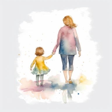 watercolor,clipart,single design,mother and kid,holding hands,walking