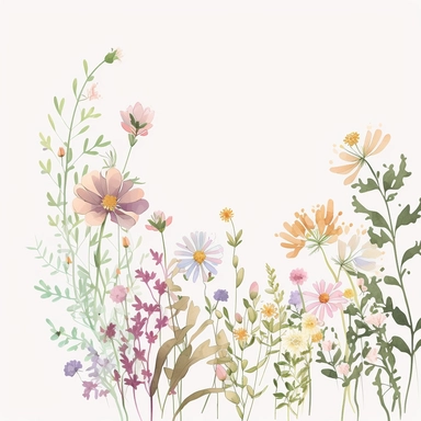 Watercolor Flower Clipart Floral Border Wild flower, straight border, no curve, light pastel flower color, beige flower, pink flower, flower field, light green, light pink, light purple, light orange, white background, lots of flowers, wild flowers, no text, no caption, bright white background