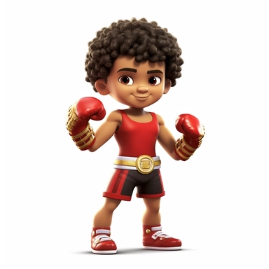 full body short black curly hair, puerto rican boy, boxing, red gloves up, red shoes, championship belt on, clipart, white background