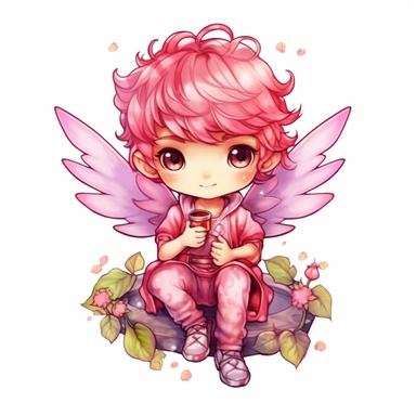pink fairytale chibi fairy boy sublimation clipart, detail, illustration style, high solution, on the white background
