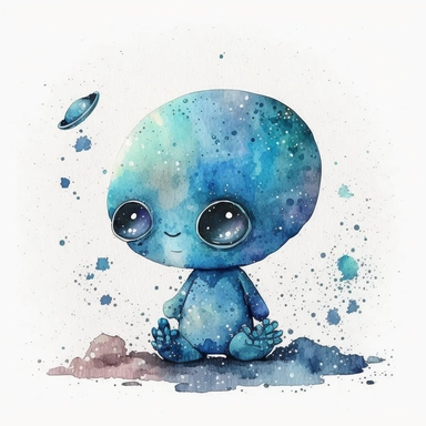 a cute blue alien with watercolor effect, space,suitable for digital clipart,white background,nursery room ,cartoon style