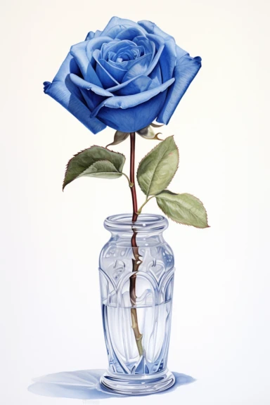 A highly detailed watercolor and pencil drawing of a clipart of blue Rose in a vase gracefully showcased on a isolated white background,, The flower is meticulously rendered, capturing the intricate details of its petals, stamen, and sepals. The combination of watercolor and pencil techniques adds depth and dimension to the drawing, with the watercolor providing soft washes of color and the pencil adding fine lines and delicate shading. The drawing highlights the flower's elegant structure,empha