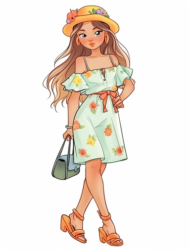 cute summer girl full body drawing, illustration clipart, detailed, black outline, white background, digital art, watercolor