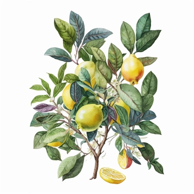 Watercolor one lemon bush Clipart, citrus lemon, vibrant color, high details, white background, no text
