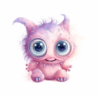 watercolour illustration, cute baby monster, big eyes, smiling, pastel, pale pink, aquarrellist, clipart, isolated, white background,