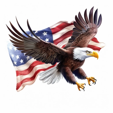 eagle flying, amercian flag in the background, clipart, white background flag with the stars on the left