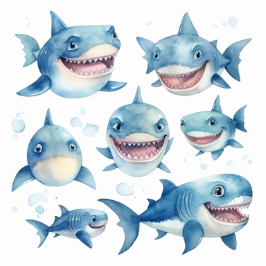 watercolor set of baby shark clipart, white background, HD, Color