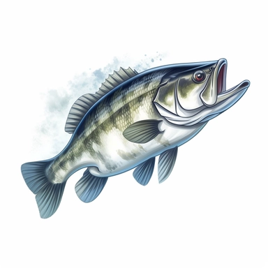largemouth bass, clipart cartoon, isolated figure, isolated graphic, no shadows, isolated on white background, now shadows or external detail, only the largemouth bass with nothing else