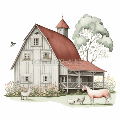 A side view scene of cute barn and a farm house for children book clipart, will be used in children book, without animals, wide scene, in style of realistic drawing, 1960, feminine sensibilities, realistic drawing in storybook illustration, pencil drawing by Angela Barrett, Elsa Beskow 300 DPI, valentines day themed, white background