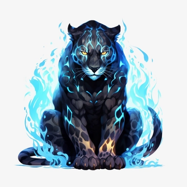 a glowing tribal leopard with blue lights on his eyes, tribal animals, in the style of manhwa character design, master of shadows, burned/charred, himalayan art, dark black and light azure, 2d game art, quadratura, clipart, on white blackground
