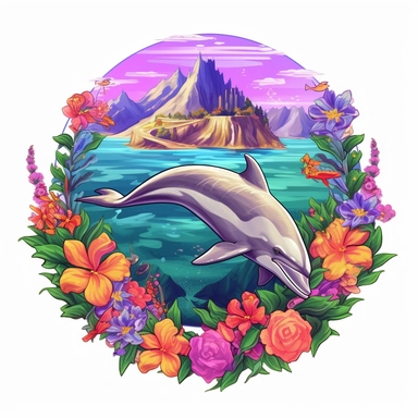 dolphin, close up, a sticker, artwork of t shirt graphic of majestic forest, in digital painting style , beautiful flowers, sunset mountains and clouds , big vines, stone temple covered in vines, white background, colorful fantasy flower sorround , highly detailed clean, vector image, photorealistic masterpiece, professional photography, realistic, flat white background, isometric, vibrant vector, clipart, illustration, realism, 4k, , cinematic, front view, white background, paradise, extremely 