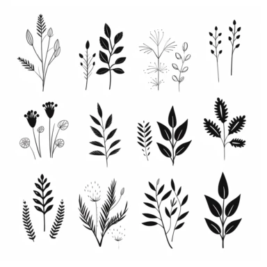 Design a collection of minimalistic clipart, watercolor, separate hand-drawn line art illustrations, each representing a distinct botanical flower or leaf. Inspired by the elegance of logo design, focus on capturing the essence of each plant element through simple, yet memorable shapes and lines. Create visually striking images that stand out on their own, while still maintaining a cohesive theme, showcasing the delicate beauty of nature's hidden gems in a contemporary and stylish way. These des