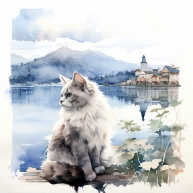 Watercolor Cute Ragdoll Cat sitting at her back in a wide window, and watching Mount Fuji in Japan,lake reflection of everything, architecture of houses, Clipart Watercolor By Yuzo Komori. clean line, white background, spaced out