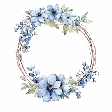 watercolor clipart of a empty suttle dainty floral oval frame surrounded by dusty blue color flowers. Capture the essence of blooming beauty and intricate details in your artwork, white background